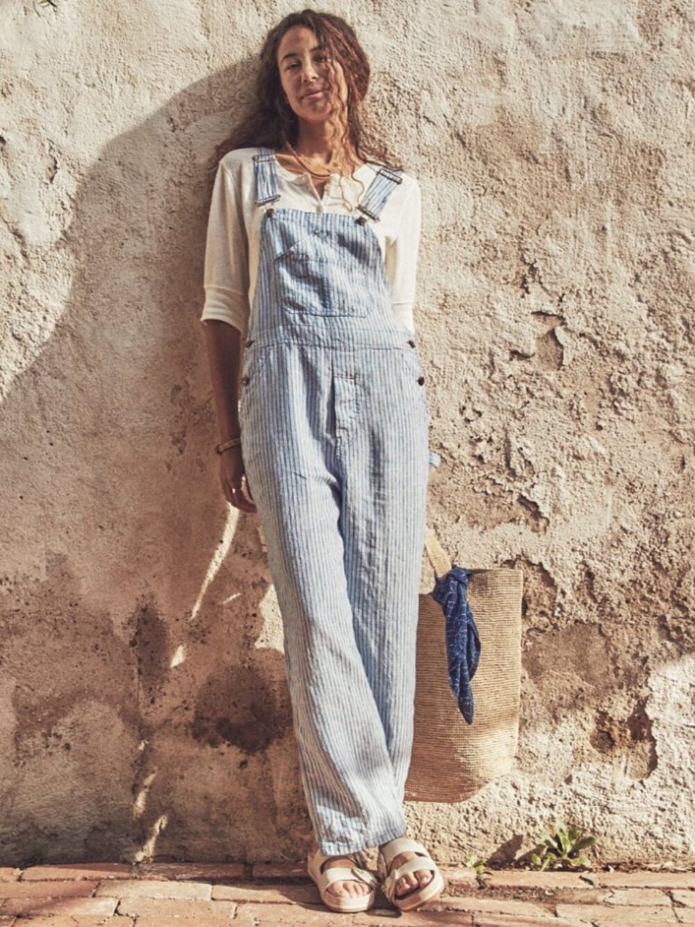 Faherty Linen Mechanic Overall Railroad Stripe Blue/White Stripe Small